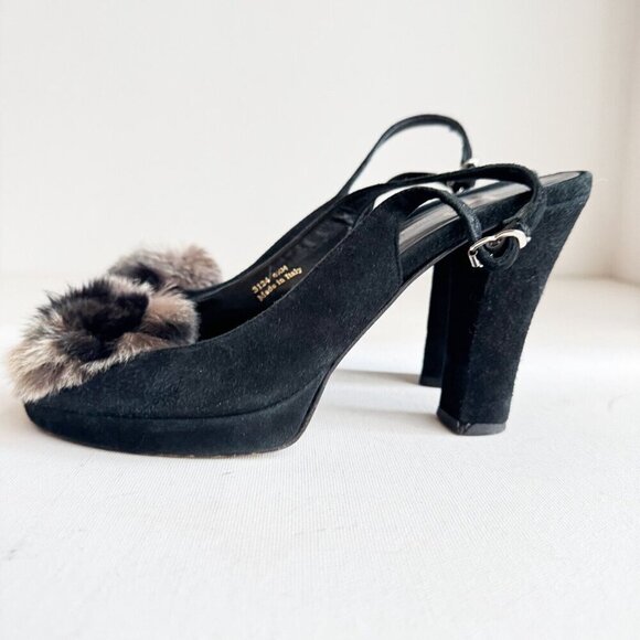 Suede Leather Fur Rosette Detail Peep toe Sling Back Heels 6.5 - Picture 5 of 11